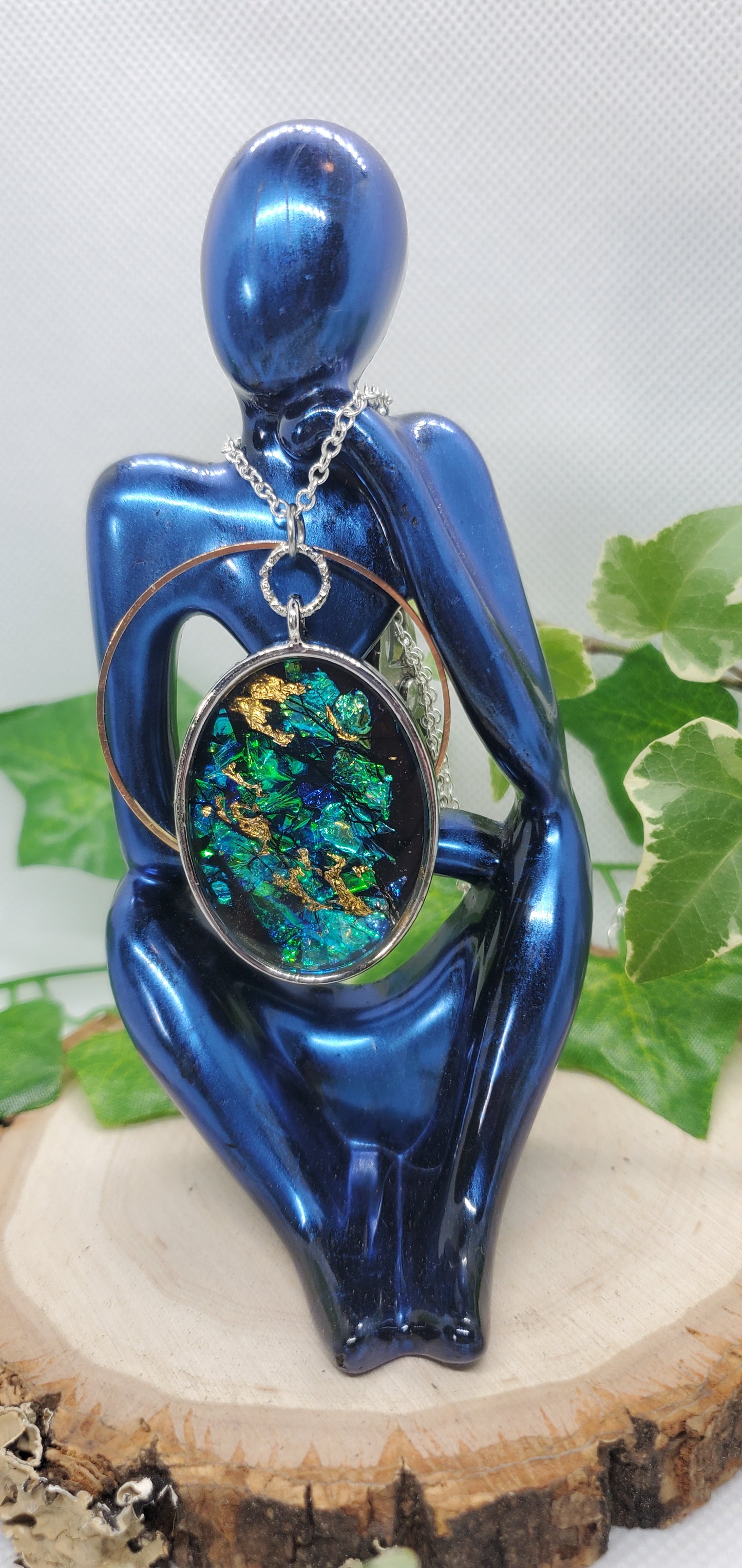 Resin Art Necklace with Blue, Silver, and Gold