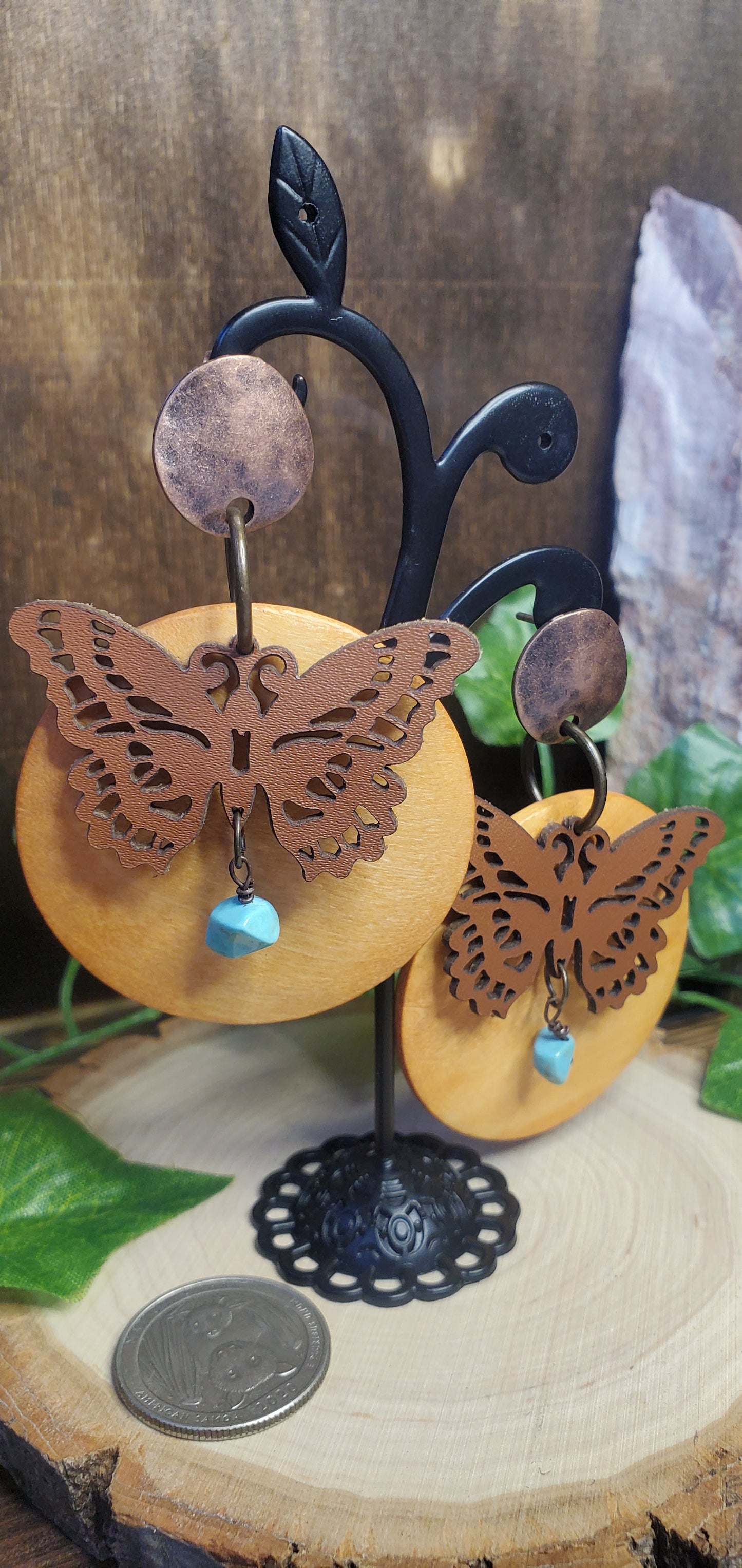 Leather Butterfly Dangle Post Earrings with Wood and Turquoise