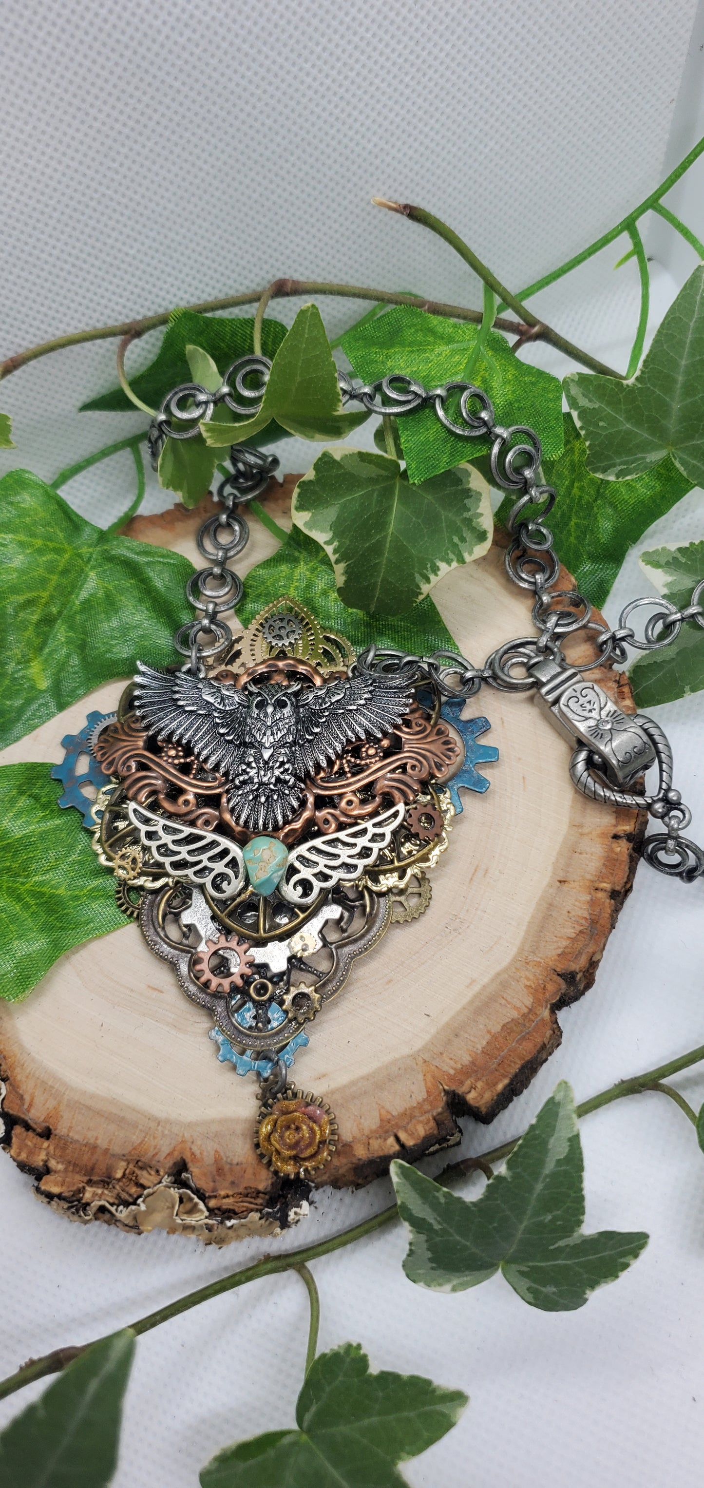 Steampunk and Filigree Metal Owl Necklace with Turquoise