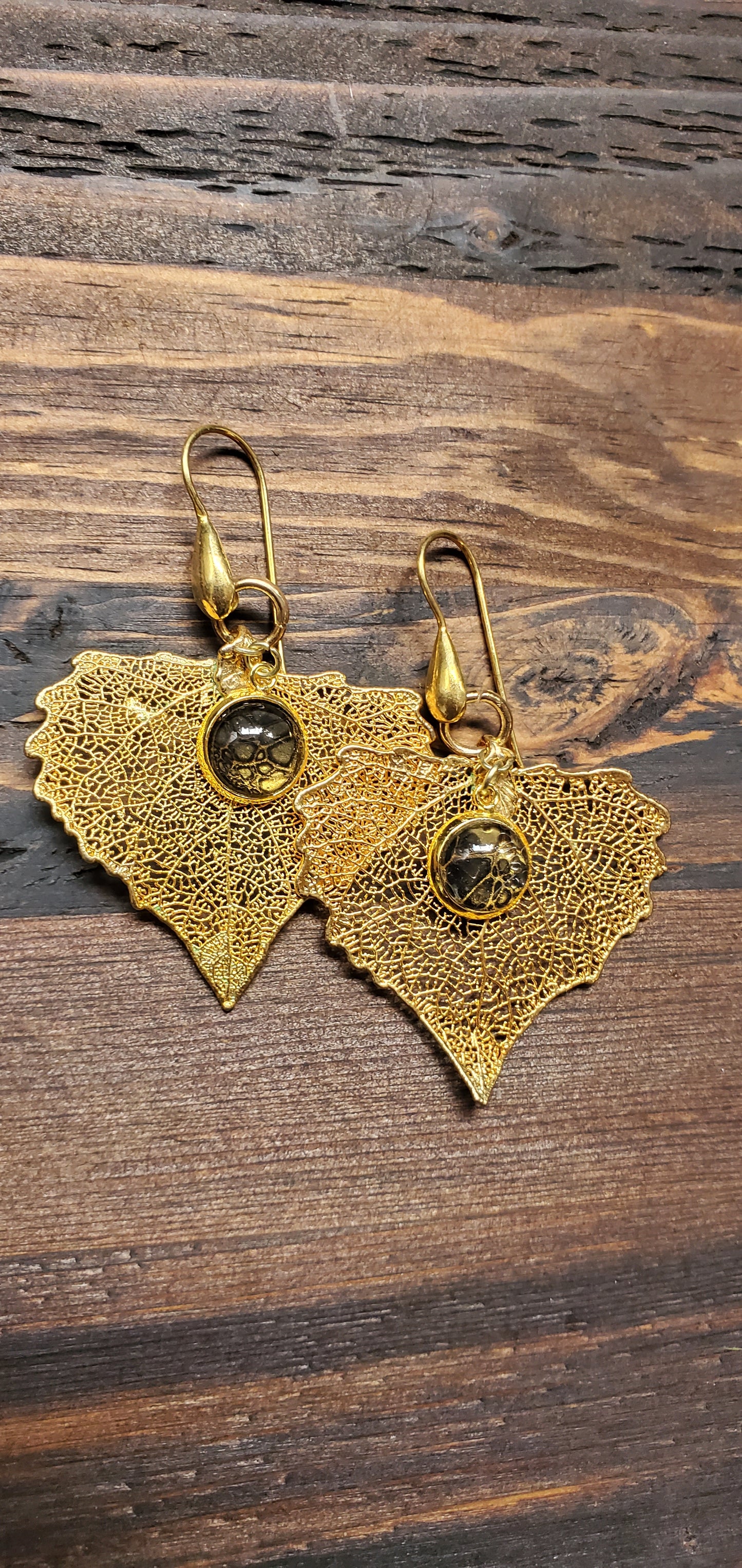 24K Gold Gilded Leaf Earrings with 24K over Sterling Silver Hooks and Dark Pour Art Accents