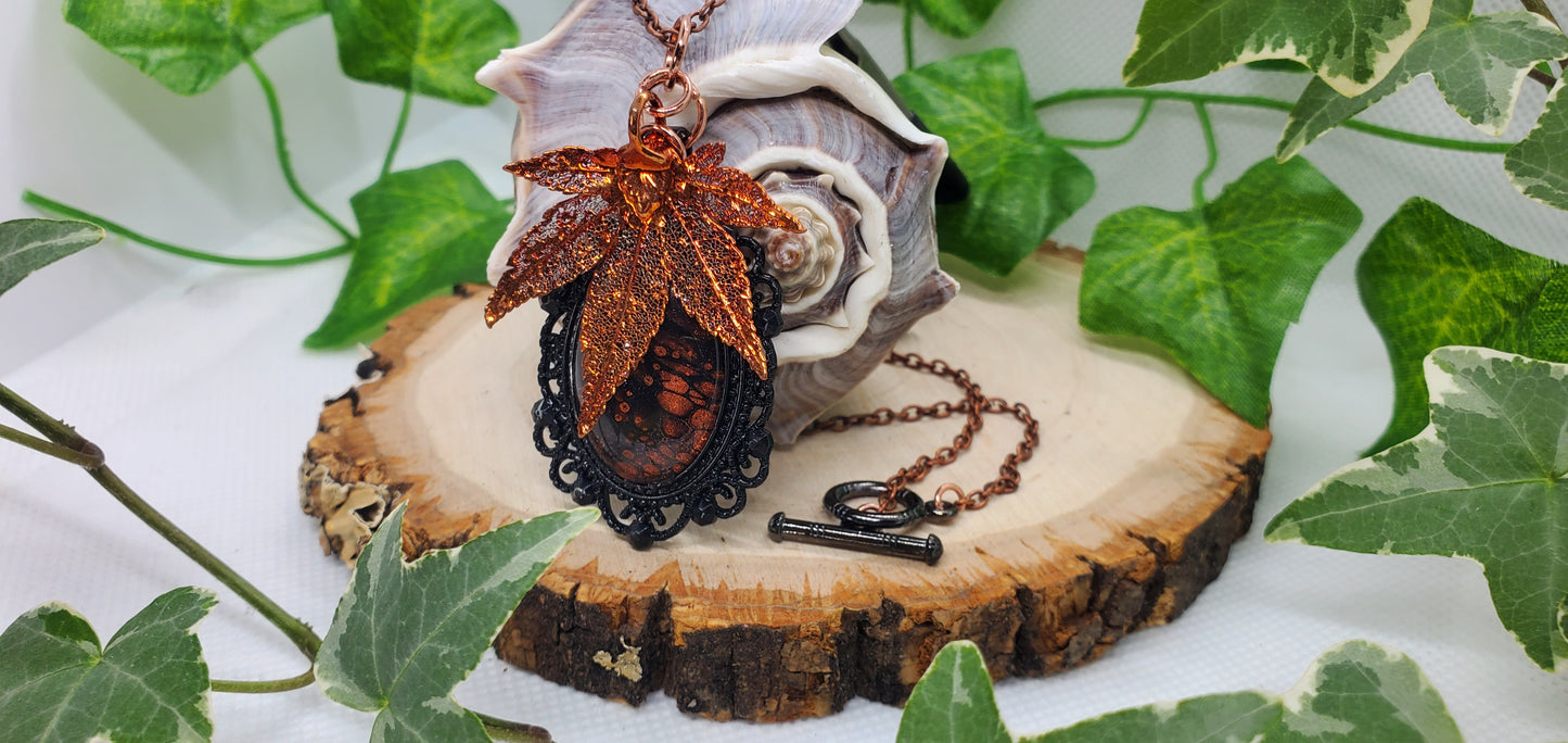 Copper and Black Leaf Skeleton and Fluid Art Necklace