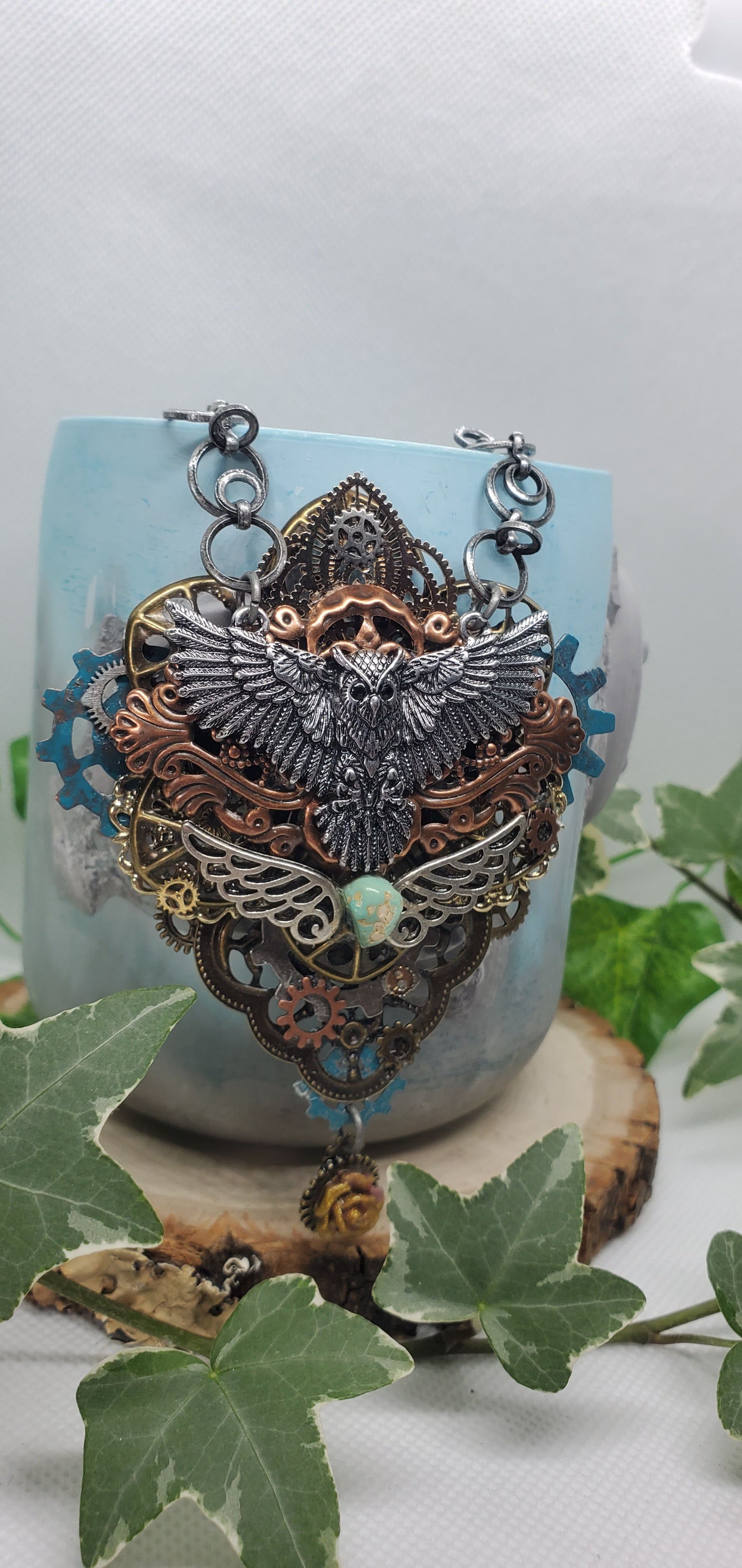 Steampunk and Filigree Metal Owl Necklace with Turquoise