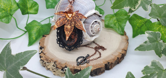 Copper and Black Leaf Skeleton and Fluid Art Necklace