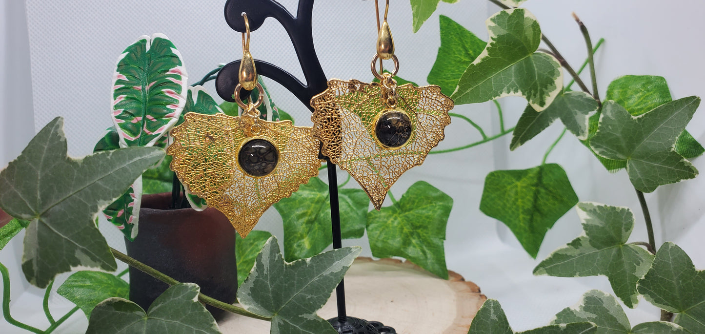 24K Gold Gilded Leaf Earrings with 24K over Sterling Silver Hooks and Dark Pour Art Accents