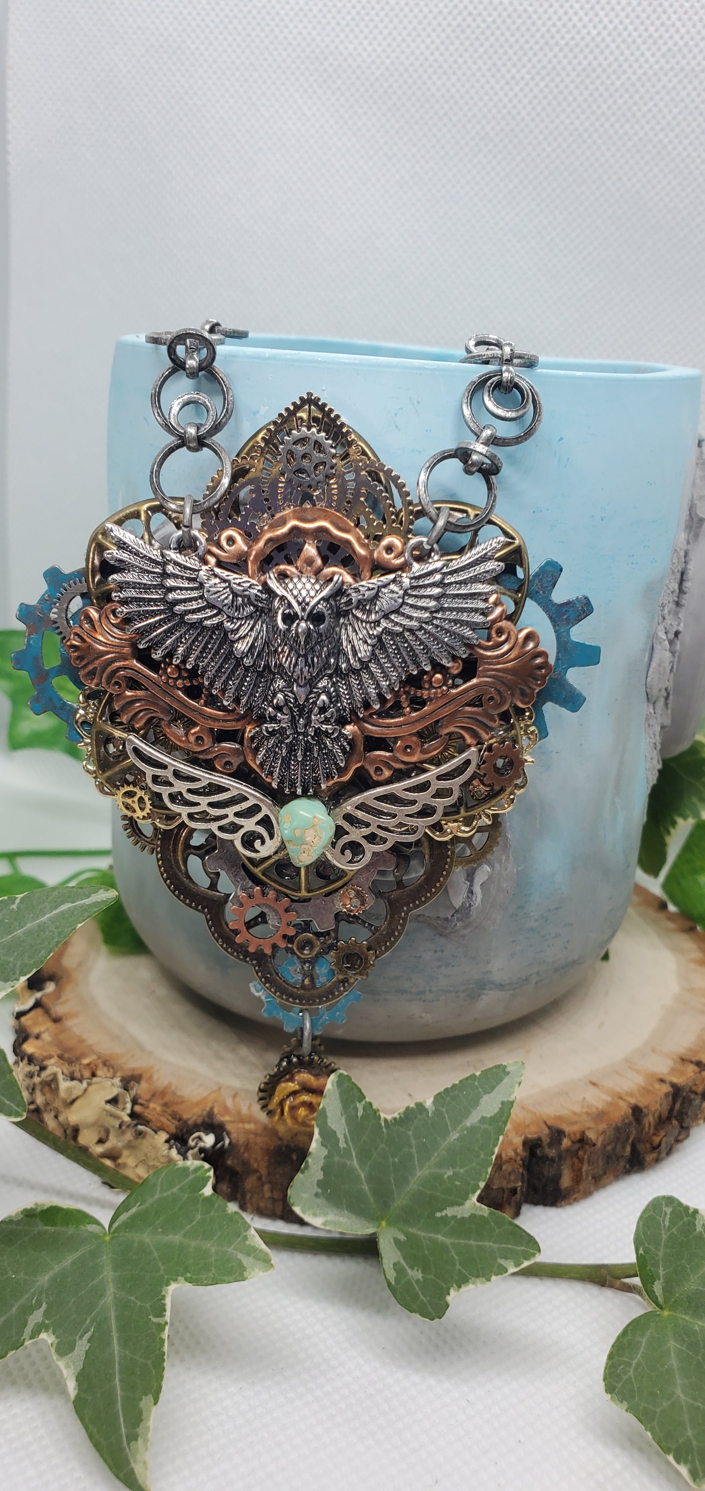 Steampunk and Filigree Metal Owl Necklace with Turquoise