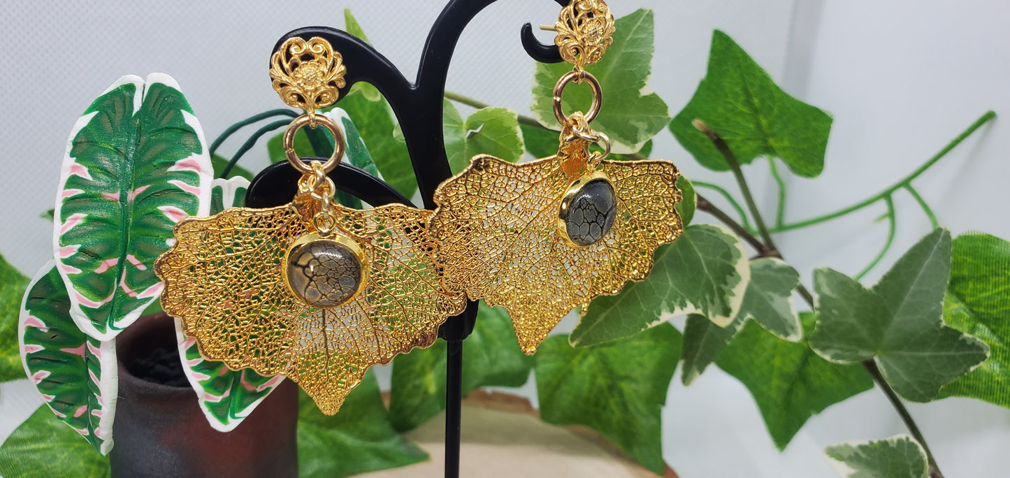 24K Gold Gilded Leaf Earrings with 24K over Sterling Silver Filigree Posts and Pour Art Accents