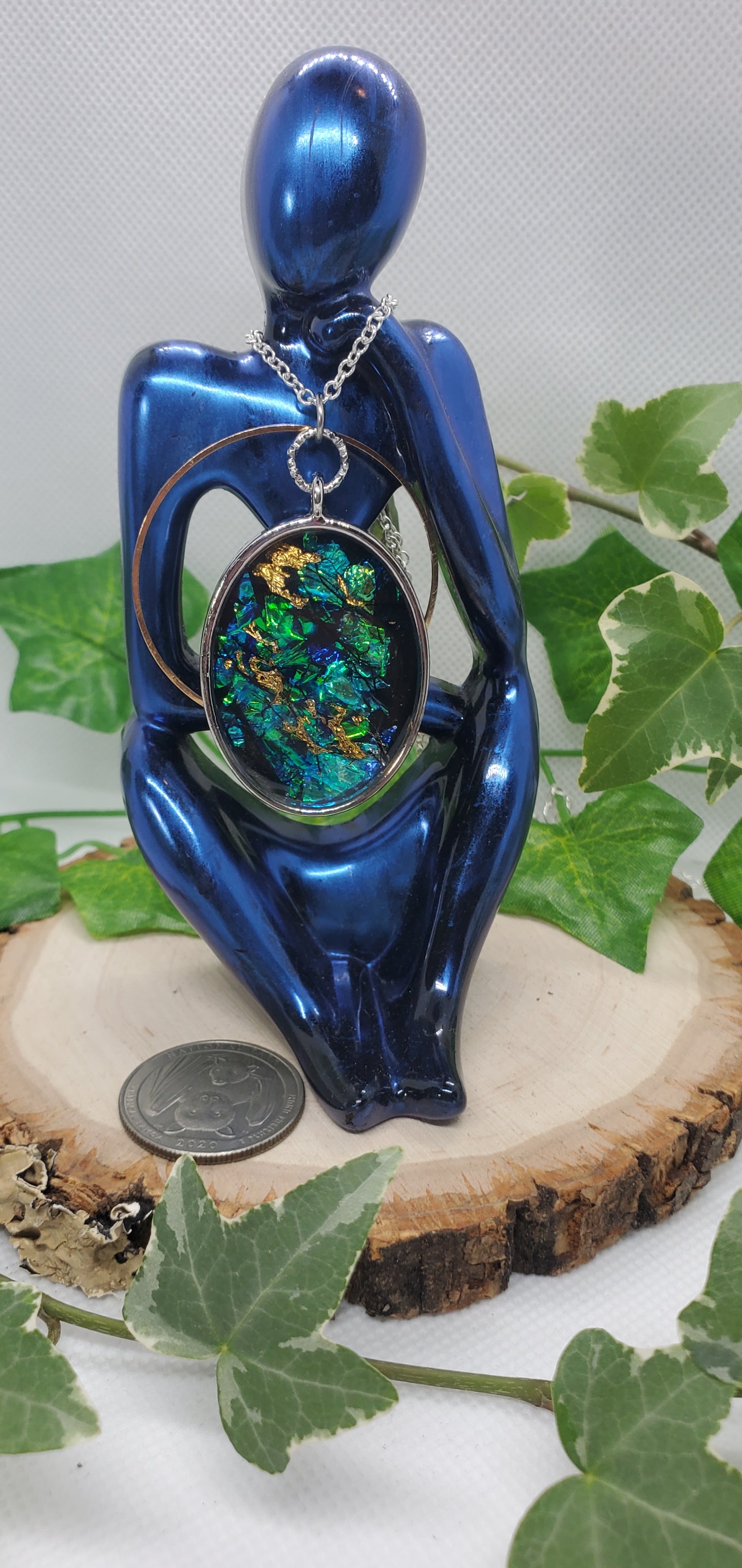 Resin Art Necklace with Blue, Silver, and Gold