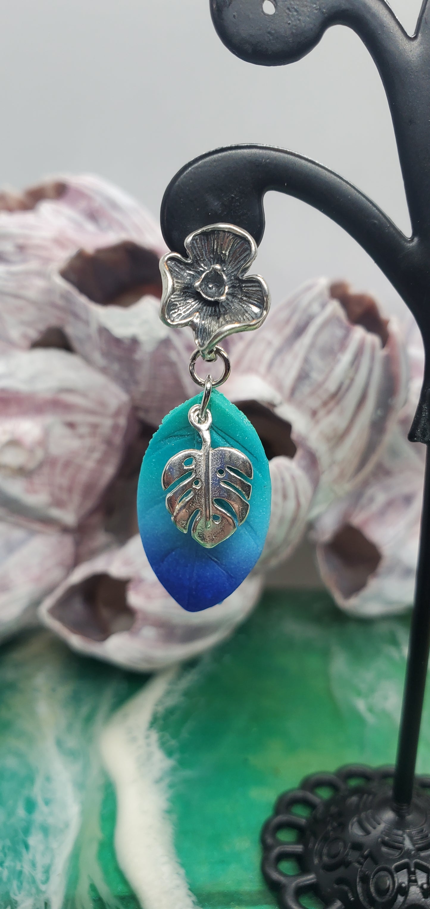 Monstera Dangle Earrings with Blue and Green Ombre Leaf in Sterling Silver