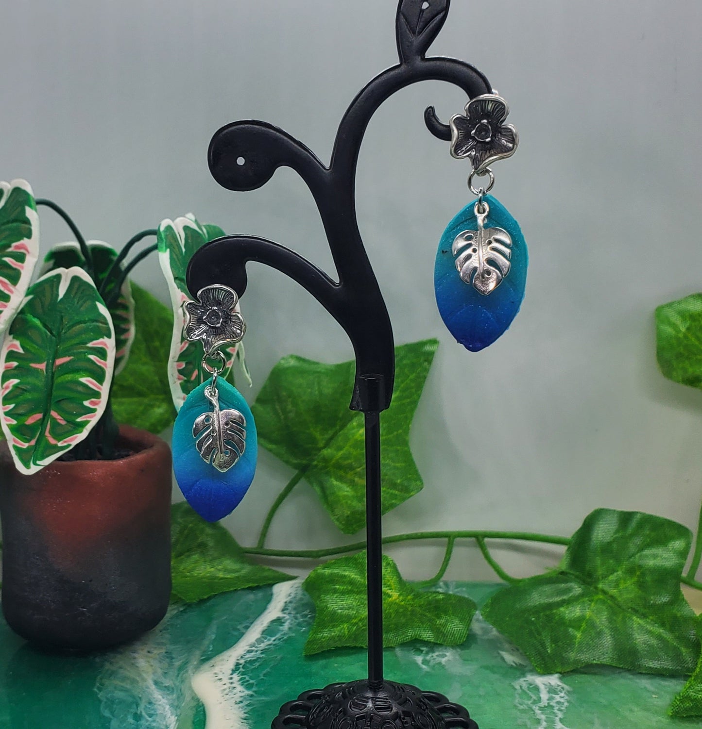 Monstera Dangle Earrings with Blue and Green Ombre Leaf in Sterling Silver