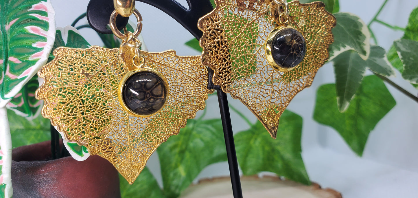 24K Gold Gilded Leaf Earrings with 24K over Sterling Silver Hooks and Dark Pour Art Accents