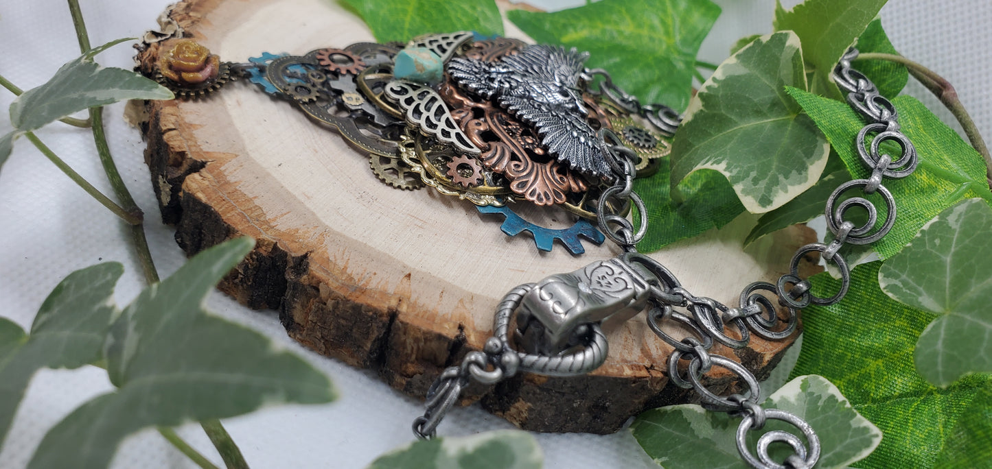 Steampunk and Filigree Metal Owl Necklace with Turquoise