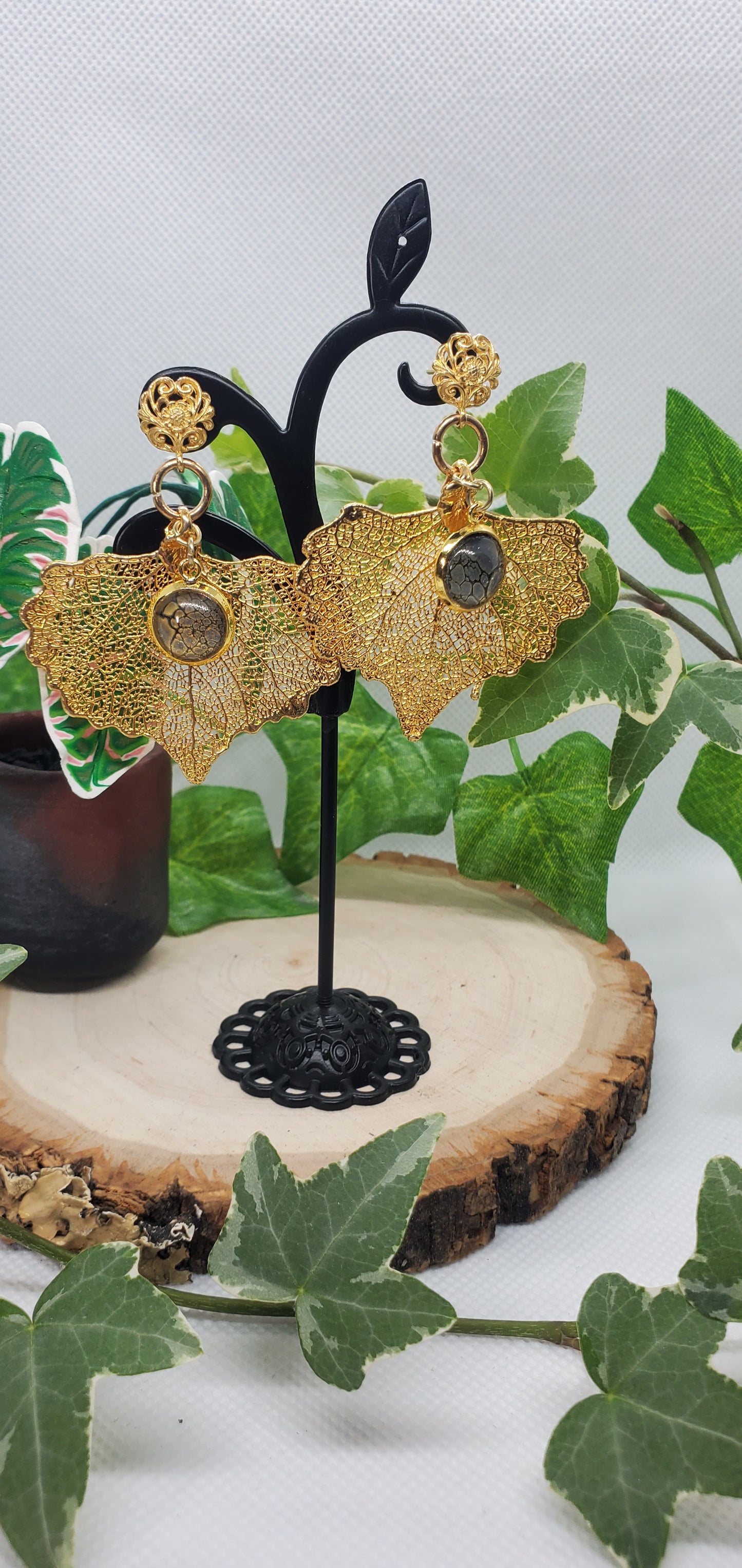 24K Gold Gilded Leaf Earrings with 24K over Sterling Silver Filigree Posts and Pour Art Accents