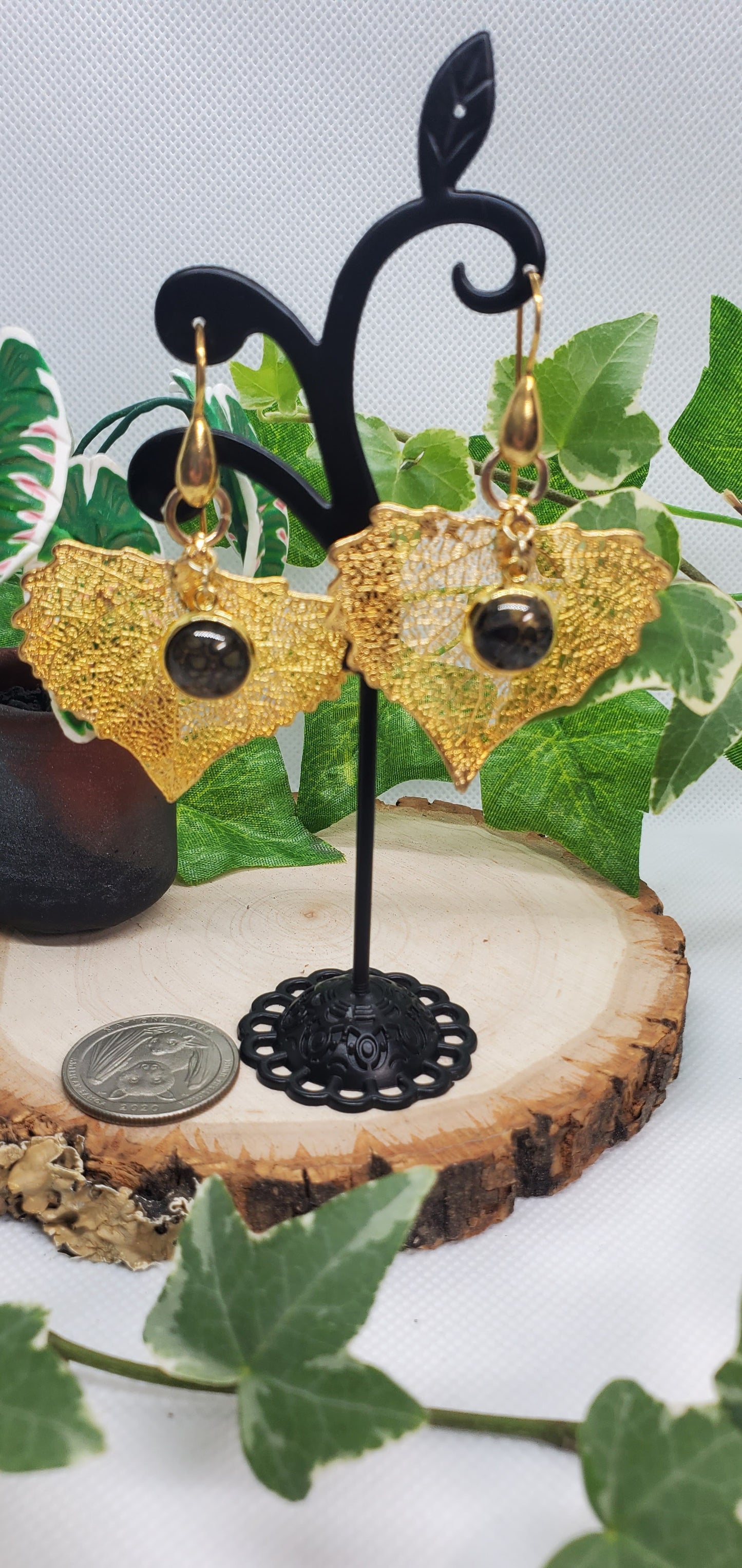 24K Gold Gilded Leaf Earrings with 24K over Sterling Silver Hooks and Dark Pour Art Accents