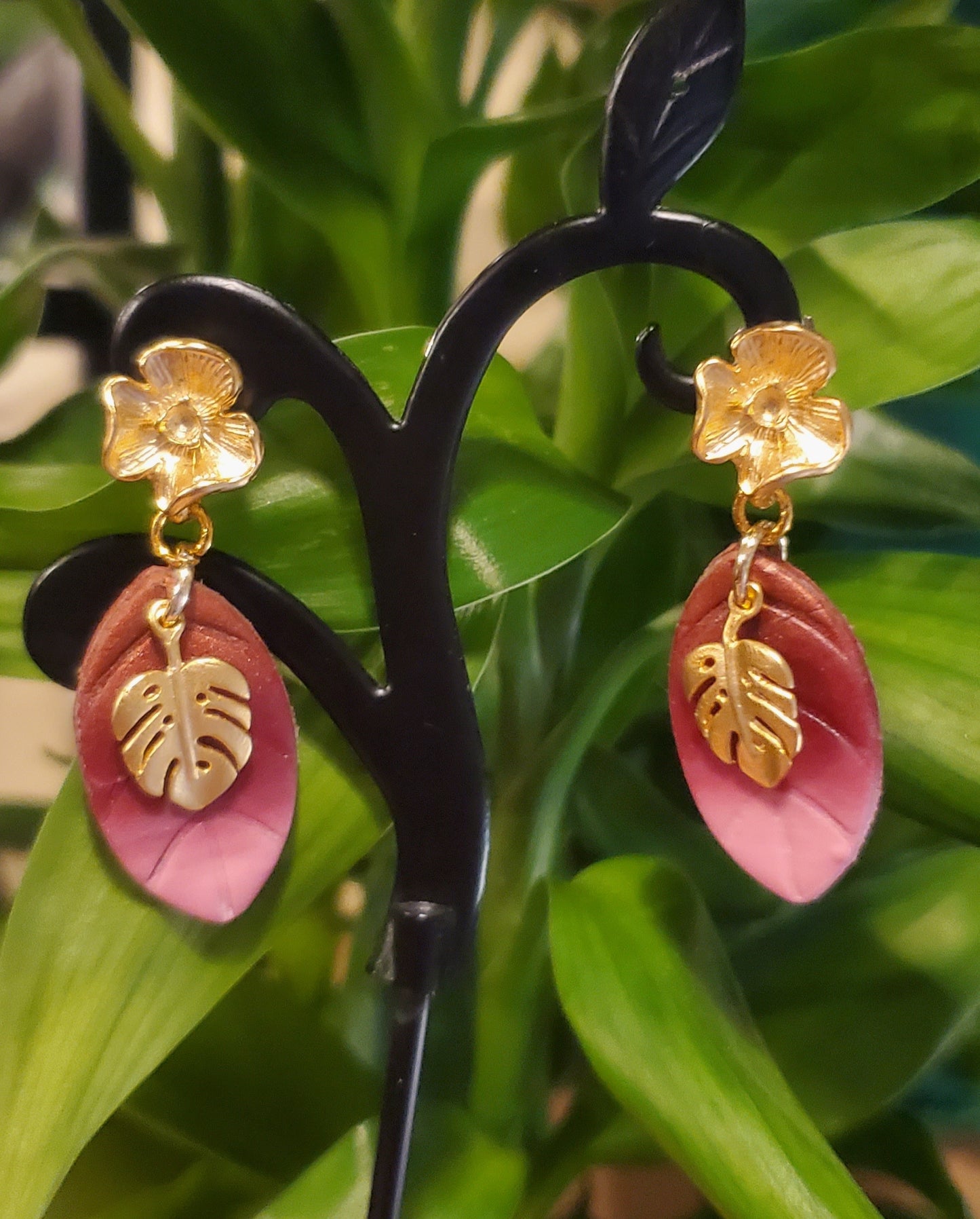 Monstera Dangle Earrings with Pink and Mauve Ombre Leaf in Matte 14K Gold Plated Sterling Silver