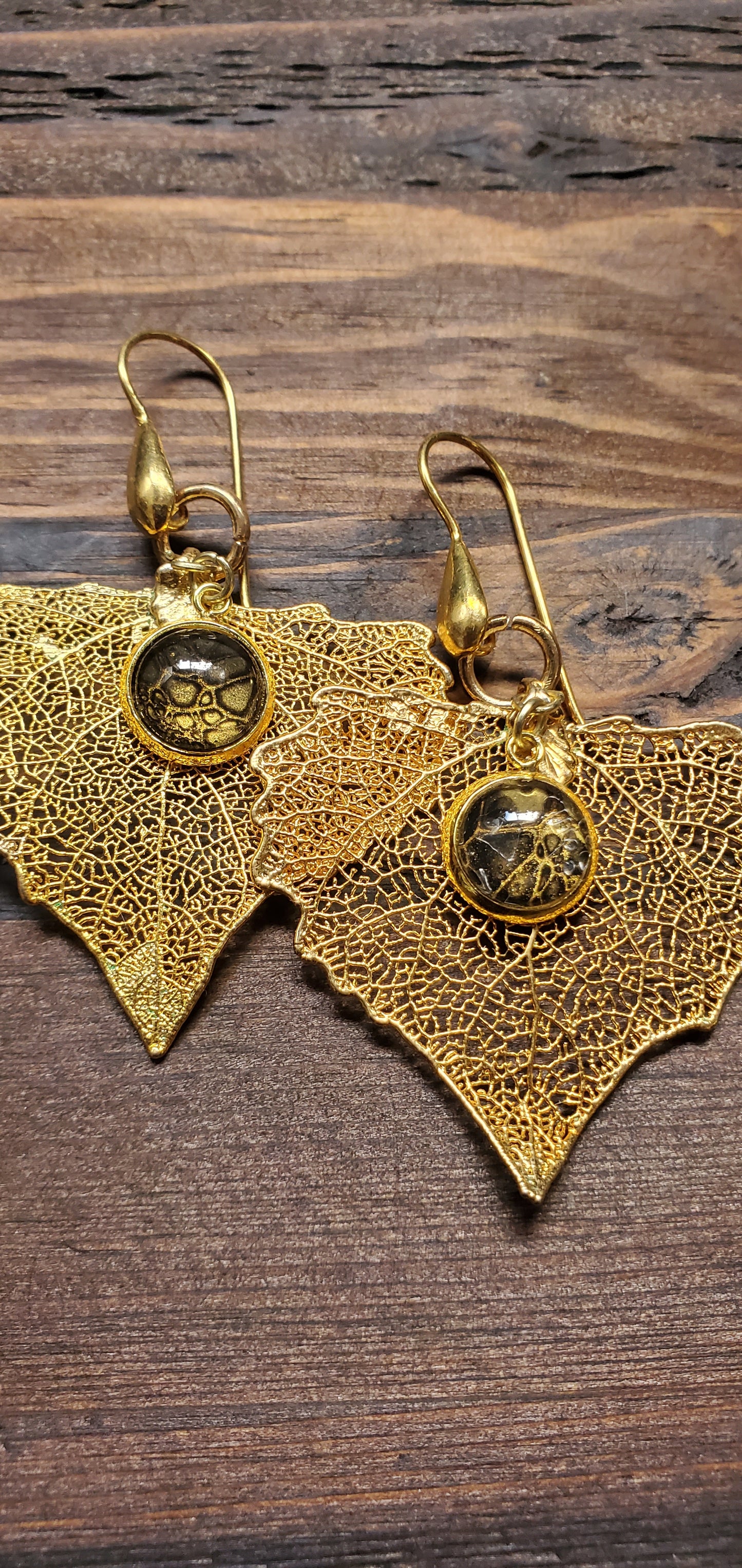 24K Gold Gilded Leaf Earrings with 24K over Sterling Silver Hooks and Dark Pour Art Accents