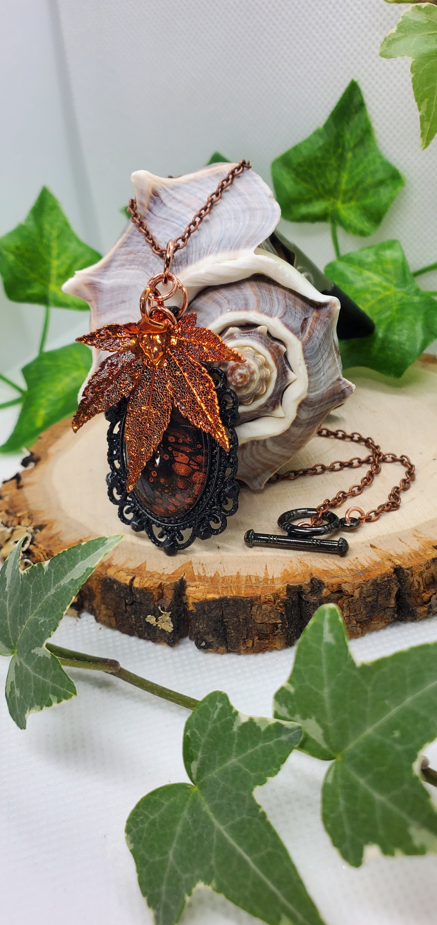 Copper and Black Leaf Skeleton and Fluid Art Necklace