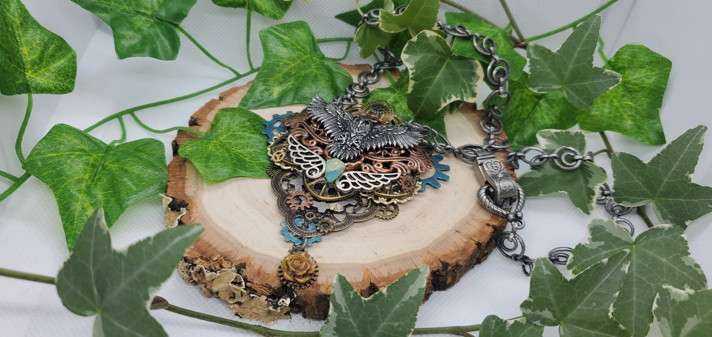 Steampunk and Filigree Metal Owl Necklace with Turquoise