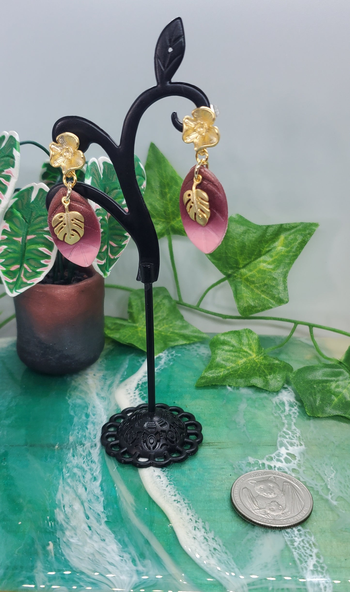 Monstera Dangle Earrings with Pink and Mauve Ombre Leaf in Matte 14K Gold Plated Sterling Silver