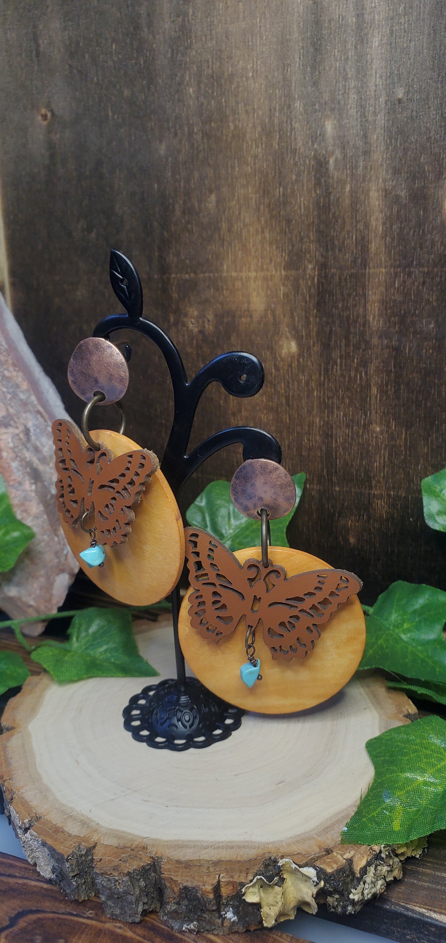 Leather Butterfly Dangle Post Earrings with Wood and Turquoise