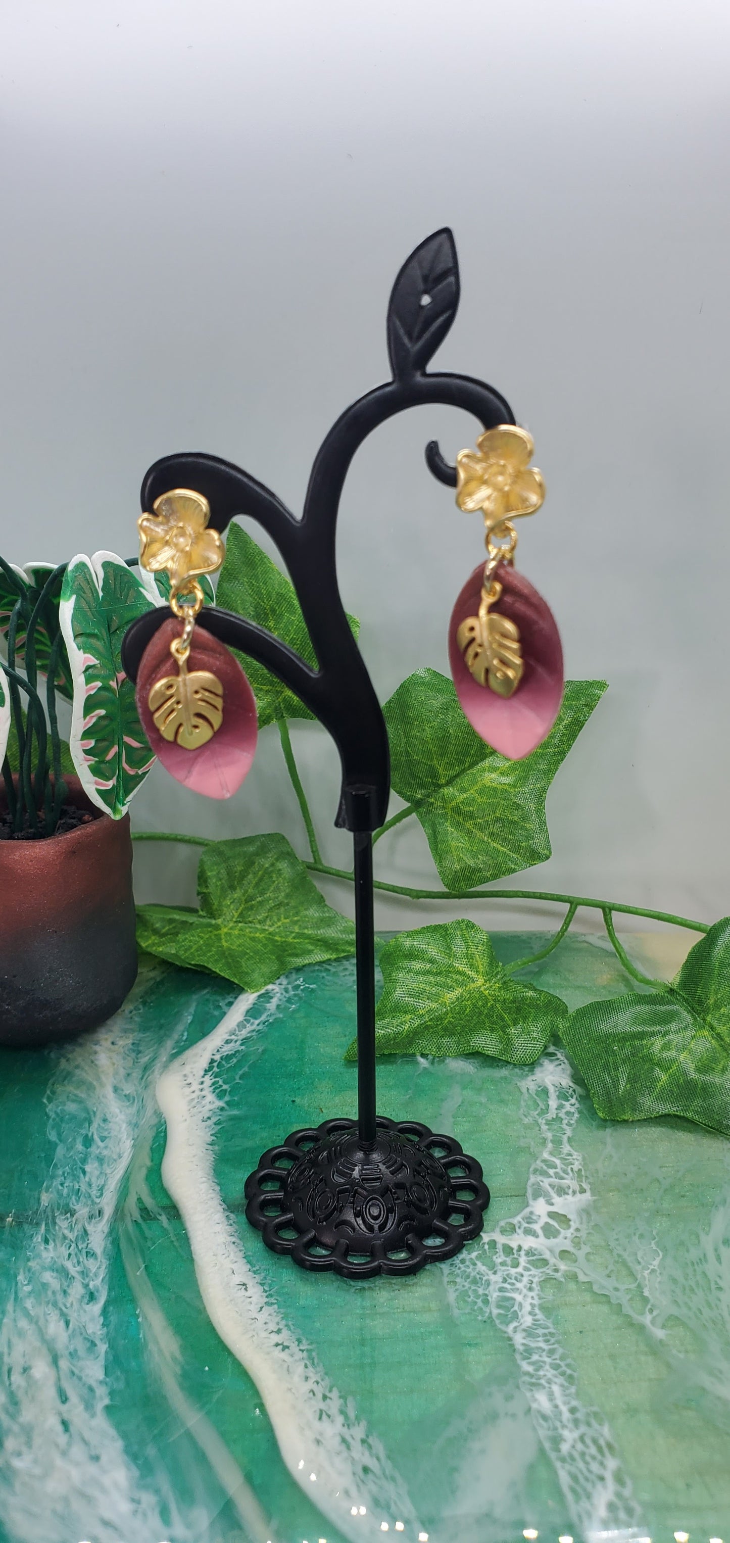 Monstera Dangle Earrings with Pink and Mauve Ombre Leaf in Matte 14K Gold Plated Sterling Silver