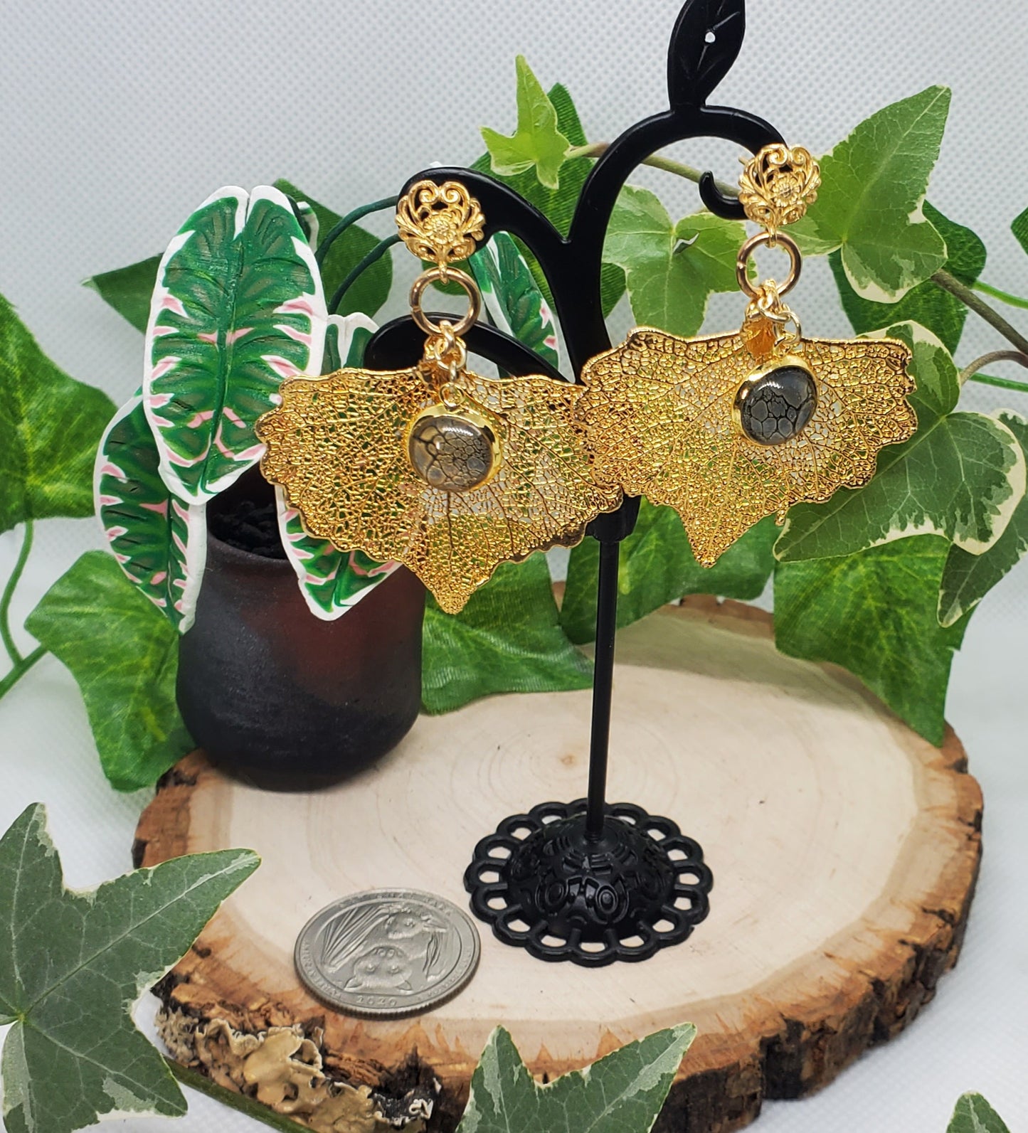 24K Gold Gilded Leaf Earrings with 24K over Sterling Silver Filigree Posts and Pour Art Accents