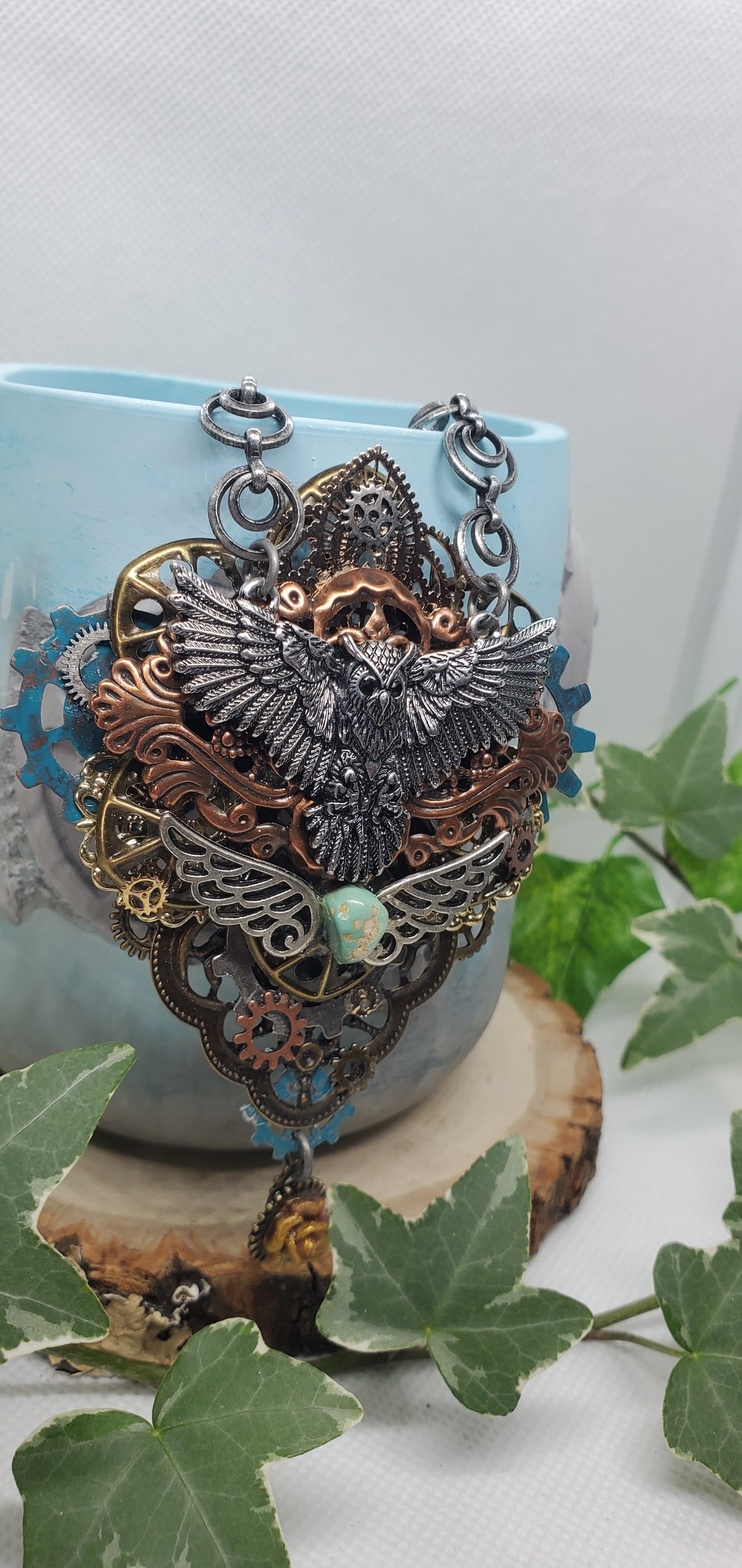 Steampunk and Filigree Metal Owl Necklace with Turquoise