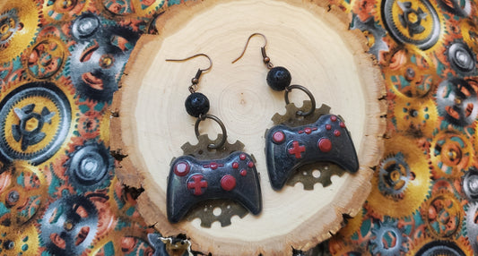 Black and Red XBox Controller Earrings with Gears