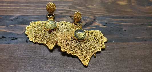 24K Gold Gilded Leaf Earrings with 24K over Sterling Silver Filigree Posts and Pour Art Accents