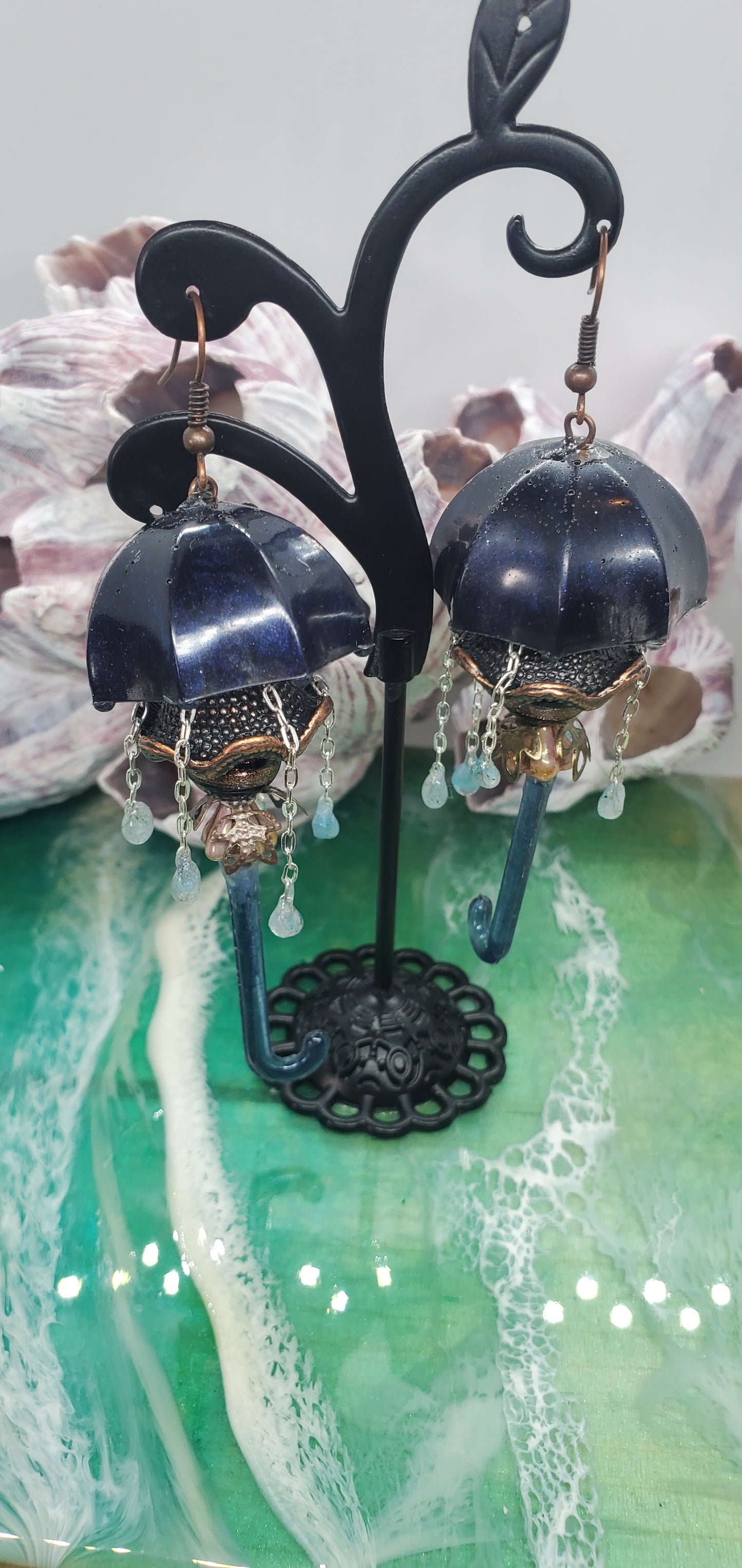 Umbrellyfish Fun Statement Earrings in Dark Blue and Copper