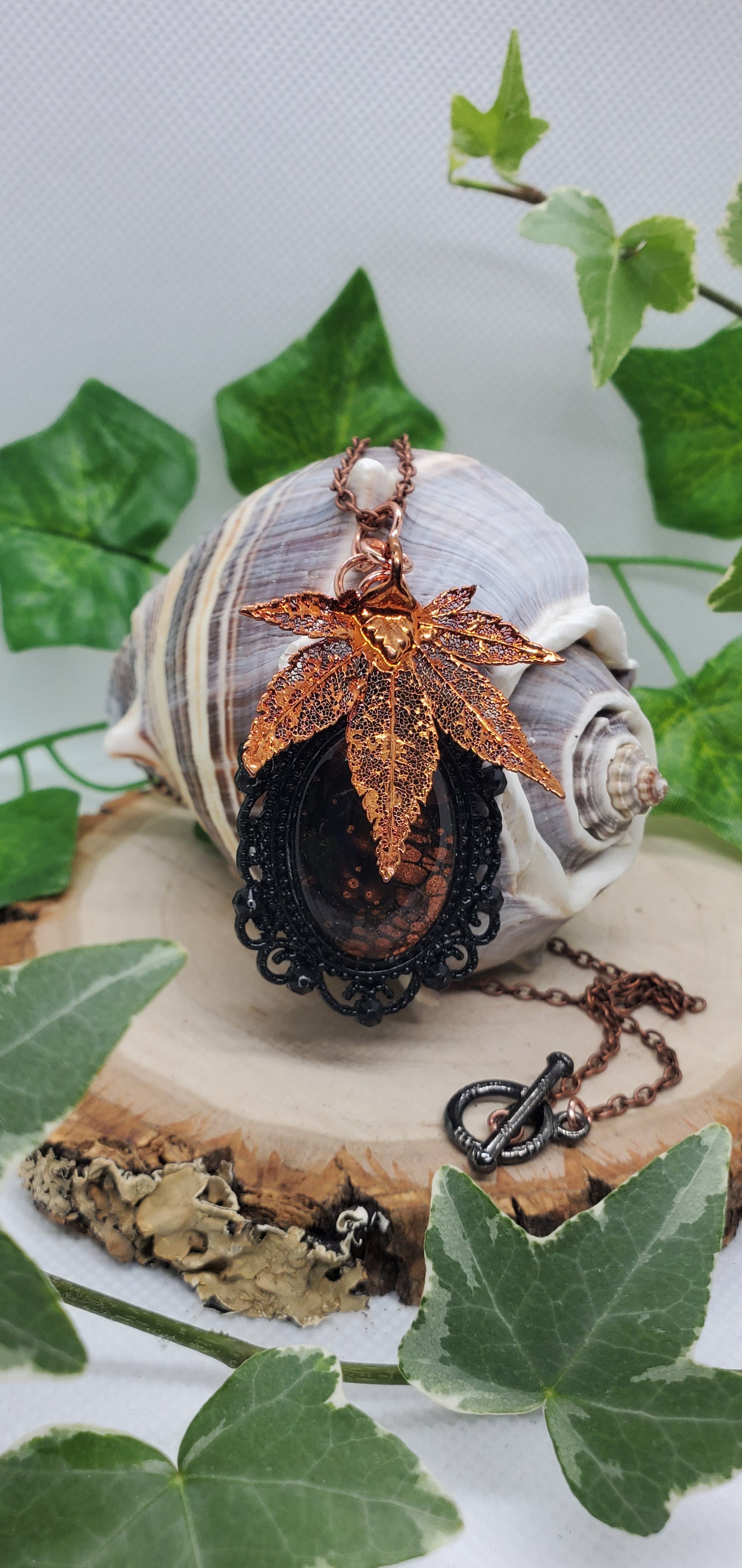 Copper and Black Leaf Skeleton and Fluid Art Necklace