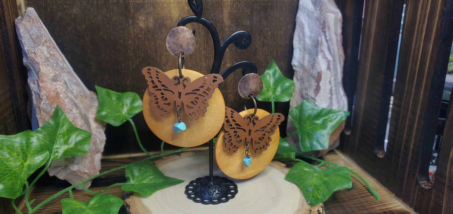 Leather Butterfly Dangle Post Earrings with Wood and Turquoise