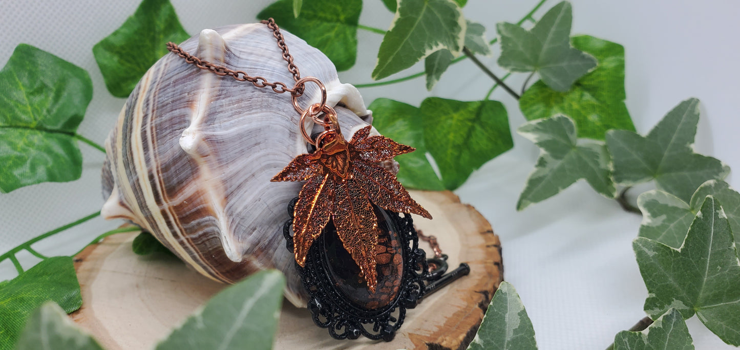 Copper and Black Leaf Skeleton and Fluid Art Necklace