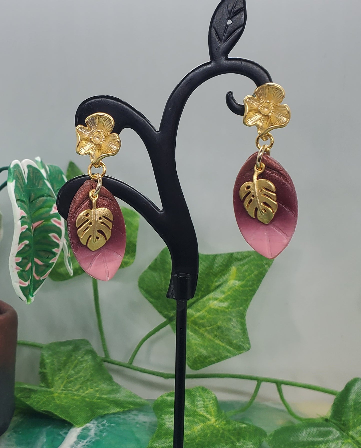 Monstera Dangle Earrings with Pink and Mauve Ombre Leaf in Matte 14K Gold Plated Sterling Silver