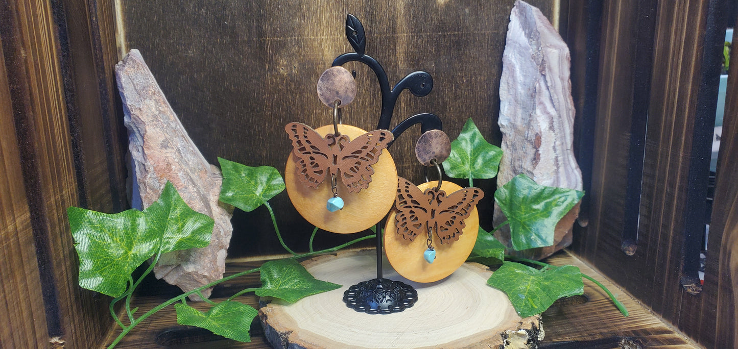 Leather Butterfly Dangle Post Earrings with Wood and Turquoise