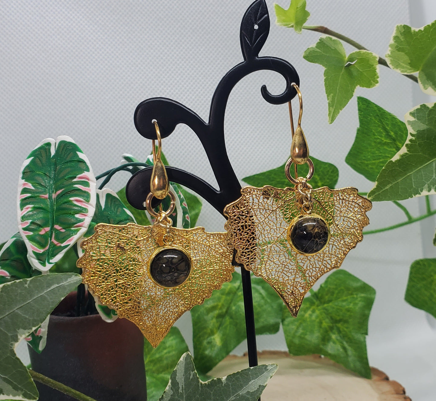 24K Gold Gilded Leaf Earrings with 24K over Sterling Silver Hooks and Dark Pour Art Accents