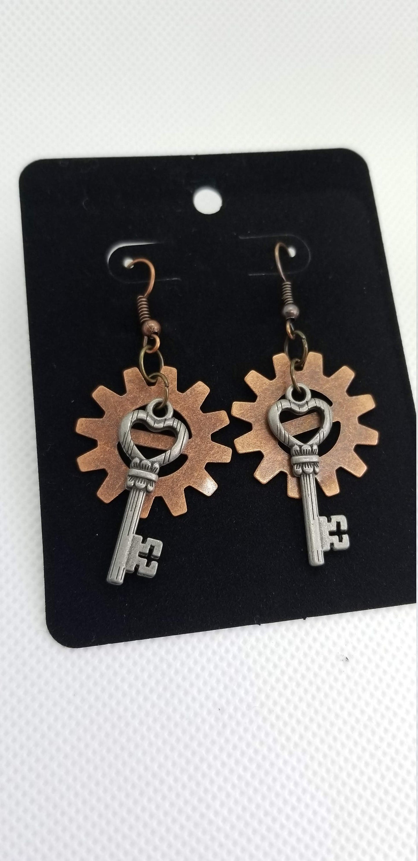 Gear and Heart Key Earrings