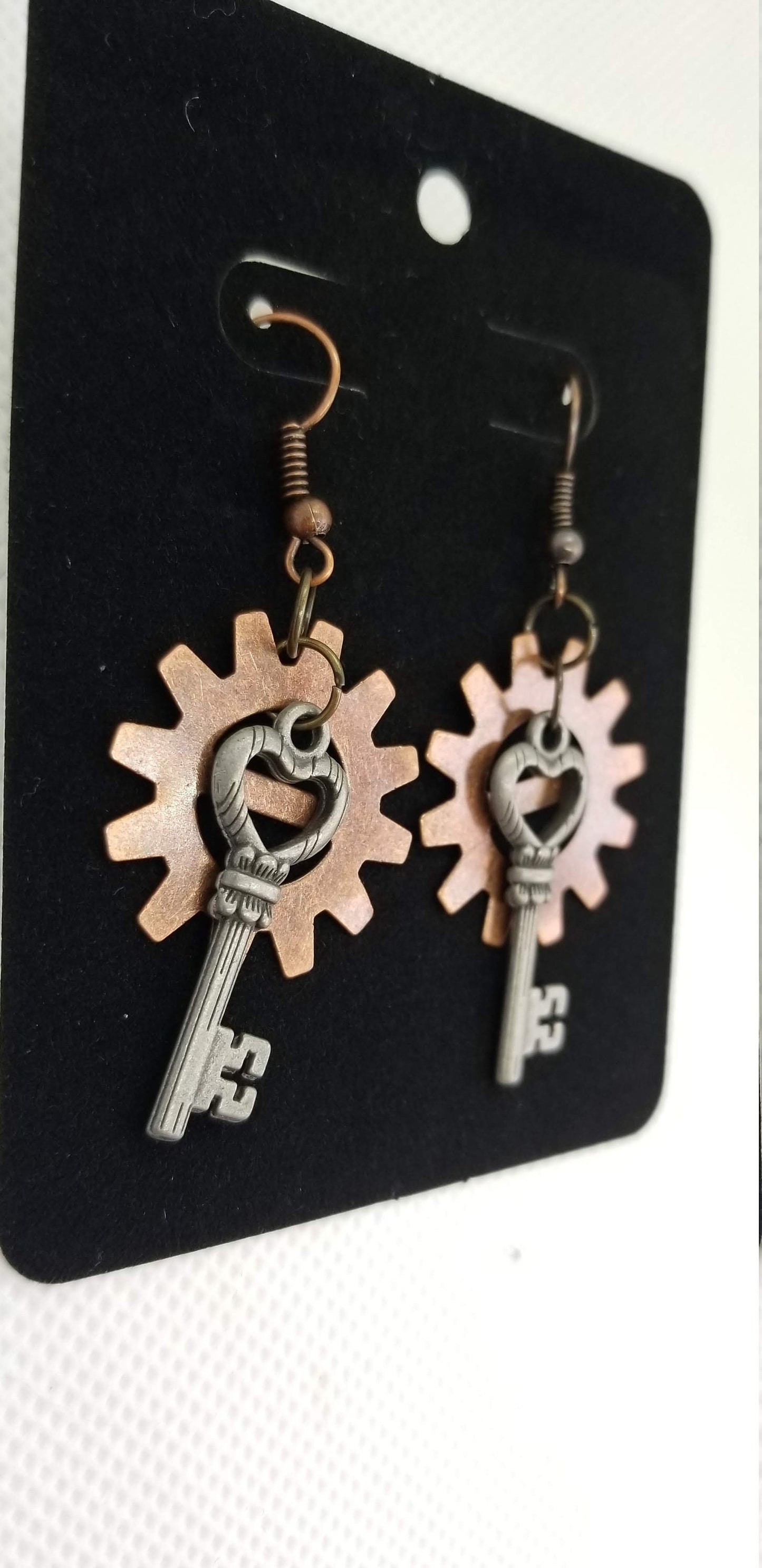 Gear and Heart Key Earrings