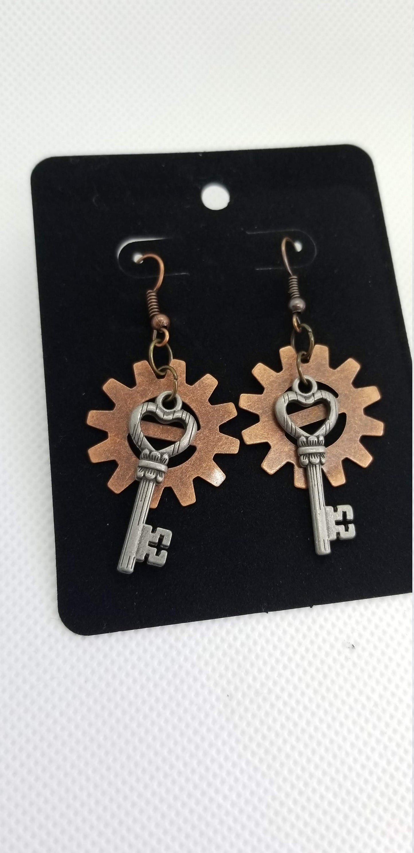 Gear and Heart Key Earrings