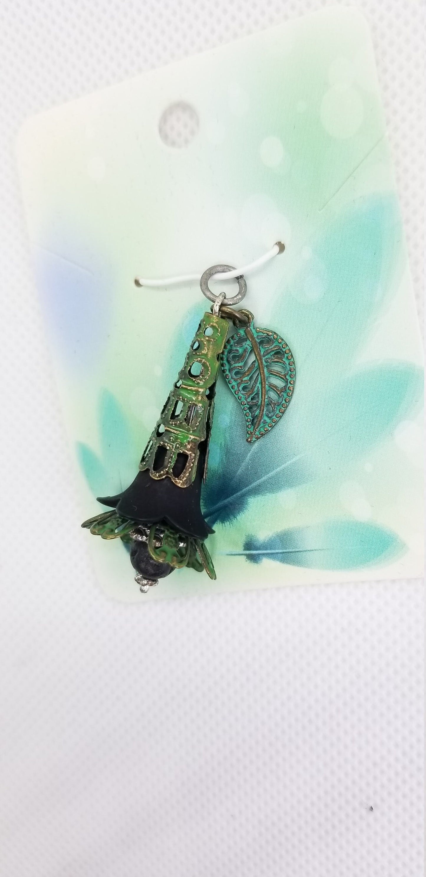 Black and Green Patina Flower and Lava Bead Pendant