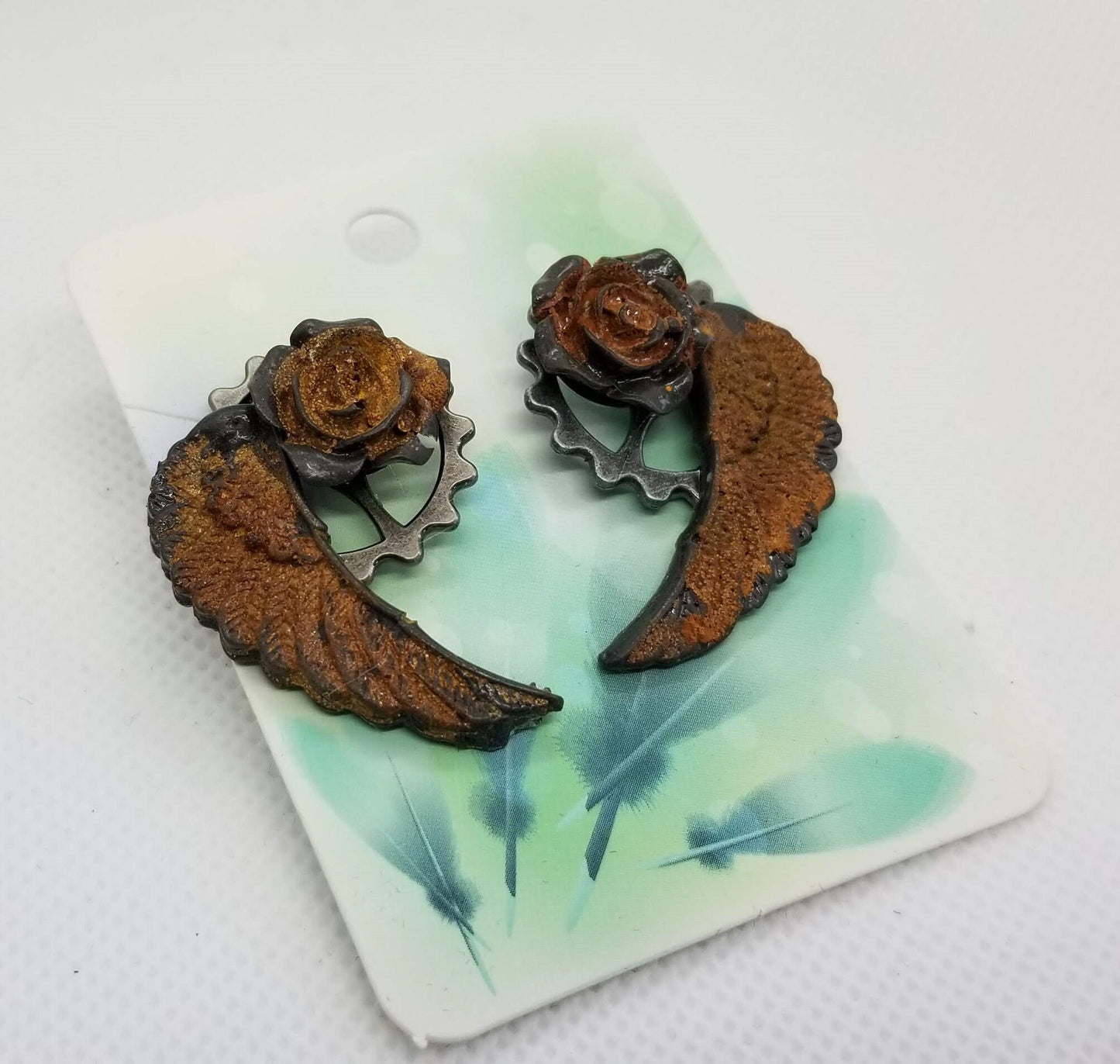 Rusty Rose, Gear and Wing Earrings