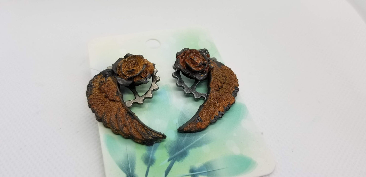 Rusty Rose, Gear and Wing Earrings