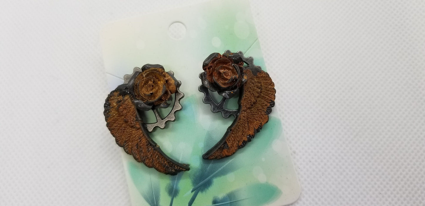 Rusty Rose, Gear and Wing Earrings