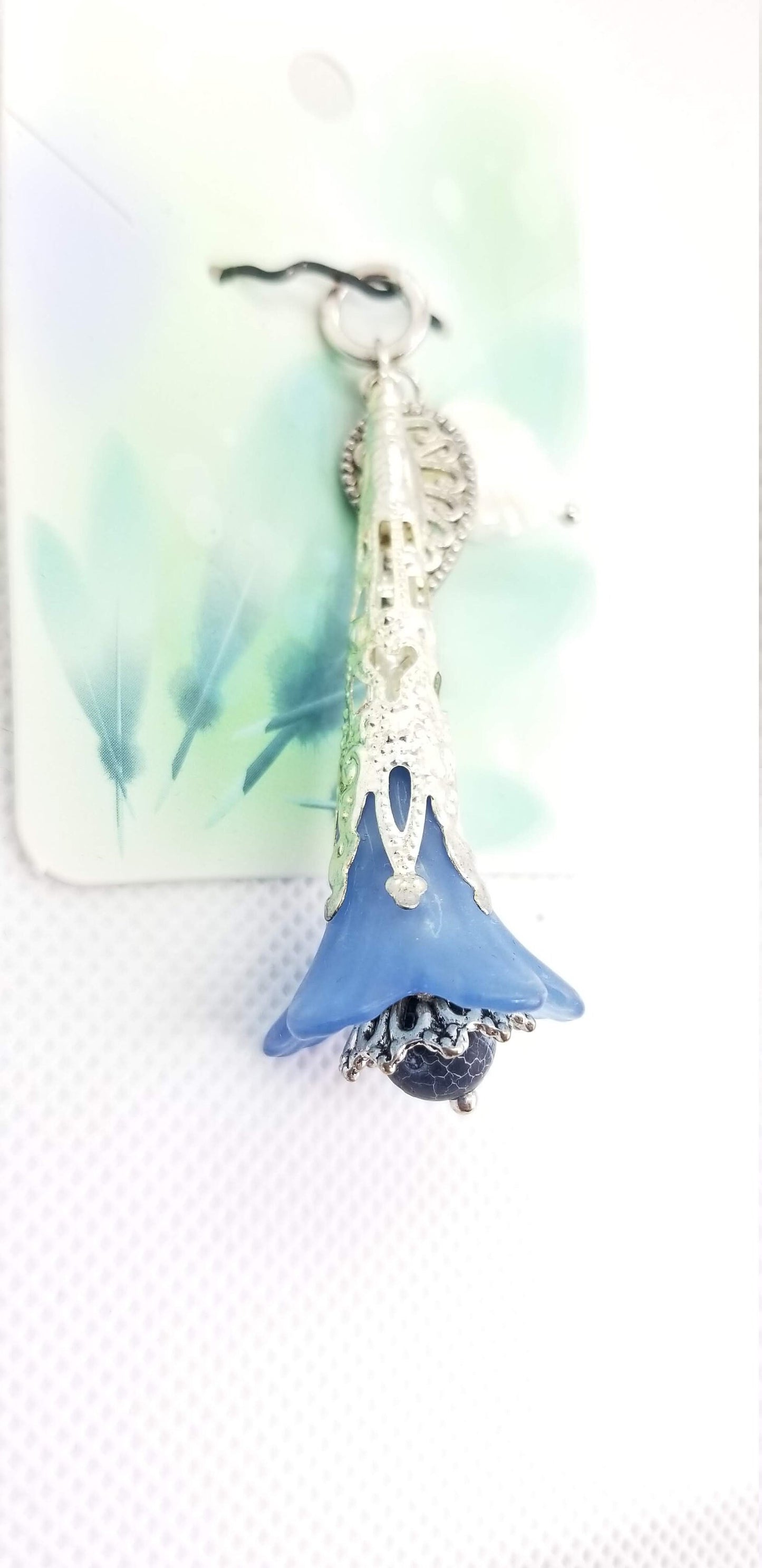 Bright Silver Blue Flower Pendant with Leaves