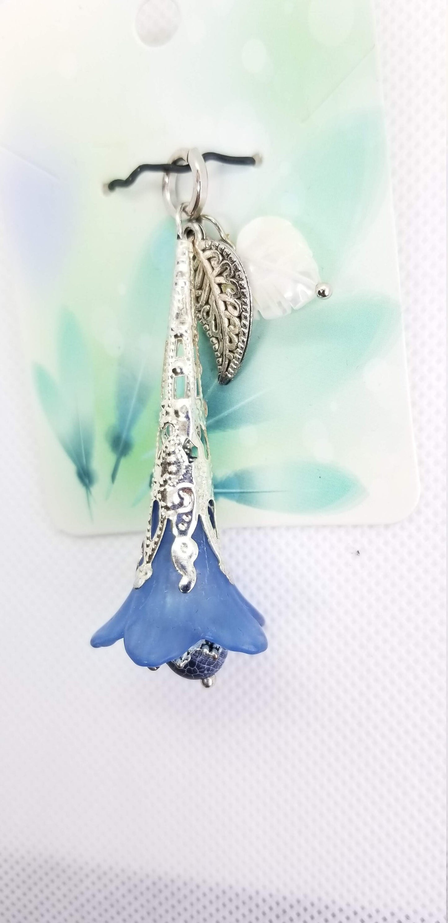 Bright Silver Blue Flower Pendant with Leaves