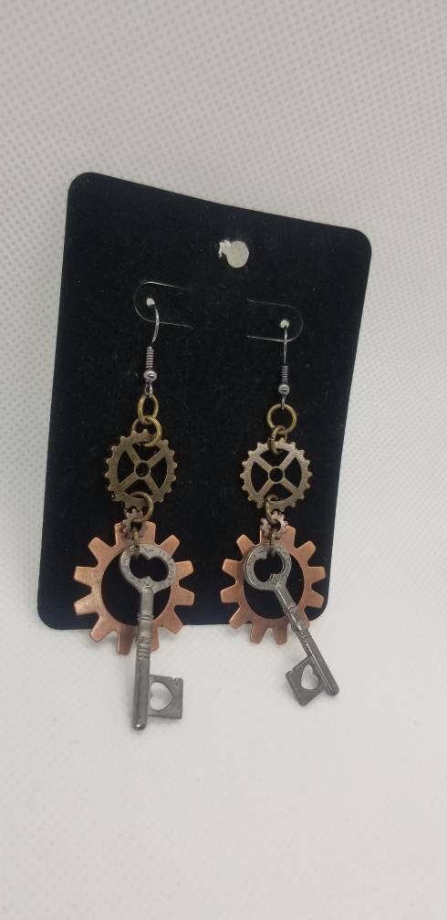 Triple Gear and Key Earrings