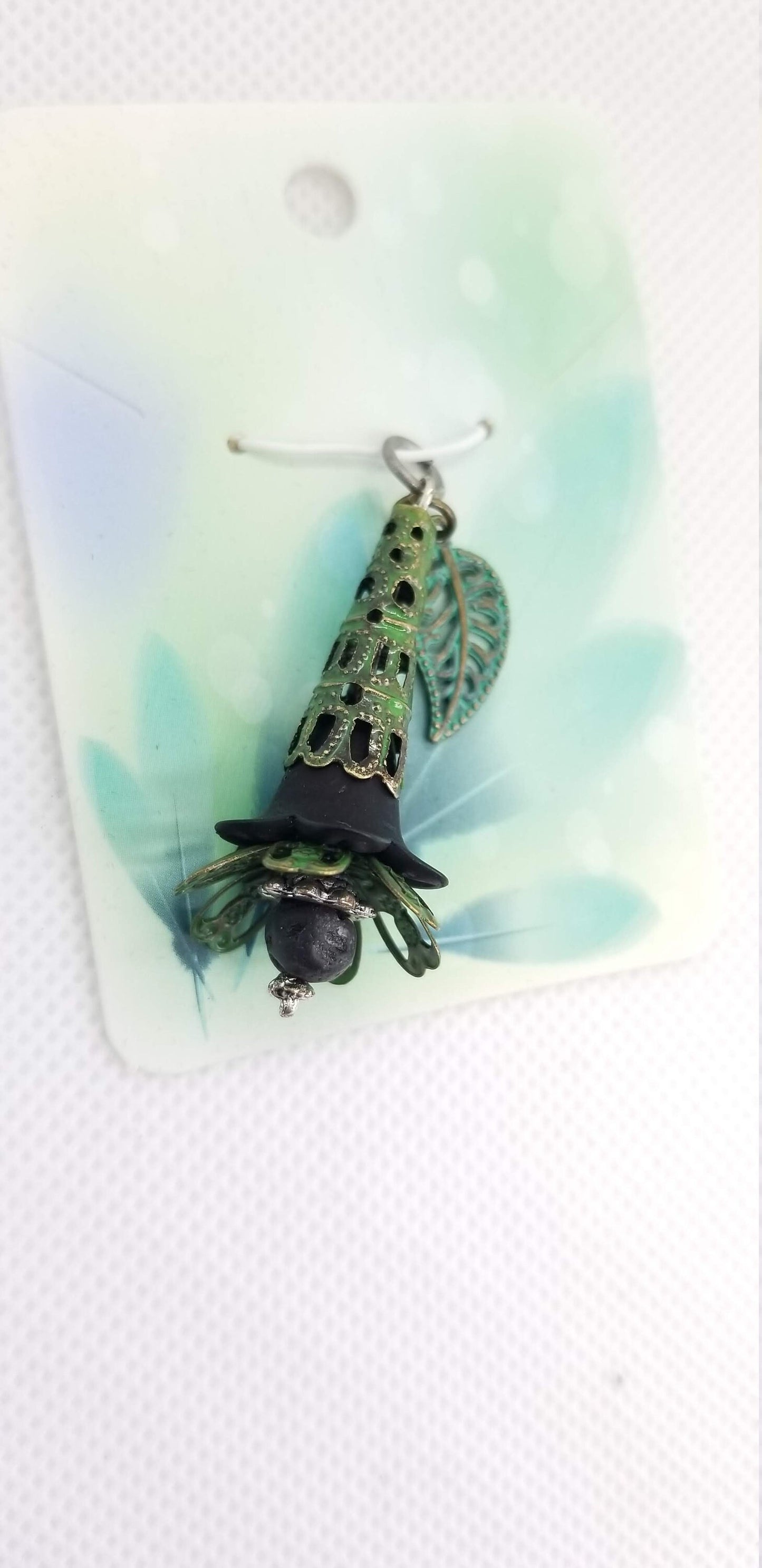 Black and Green Patina Flower and Lava Bead Pendant