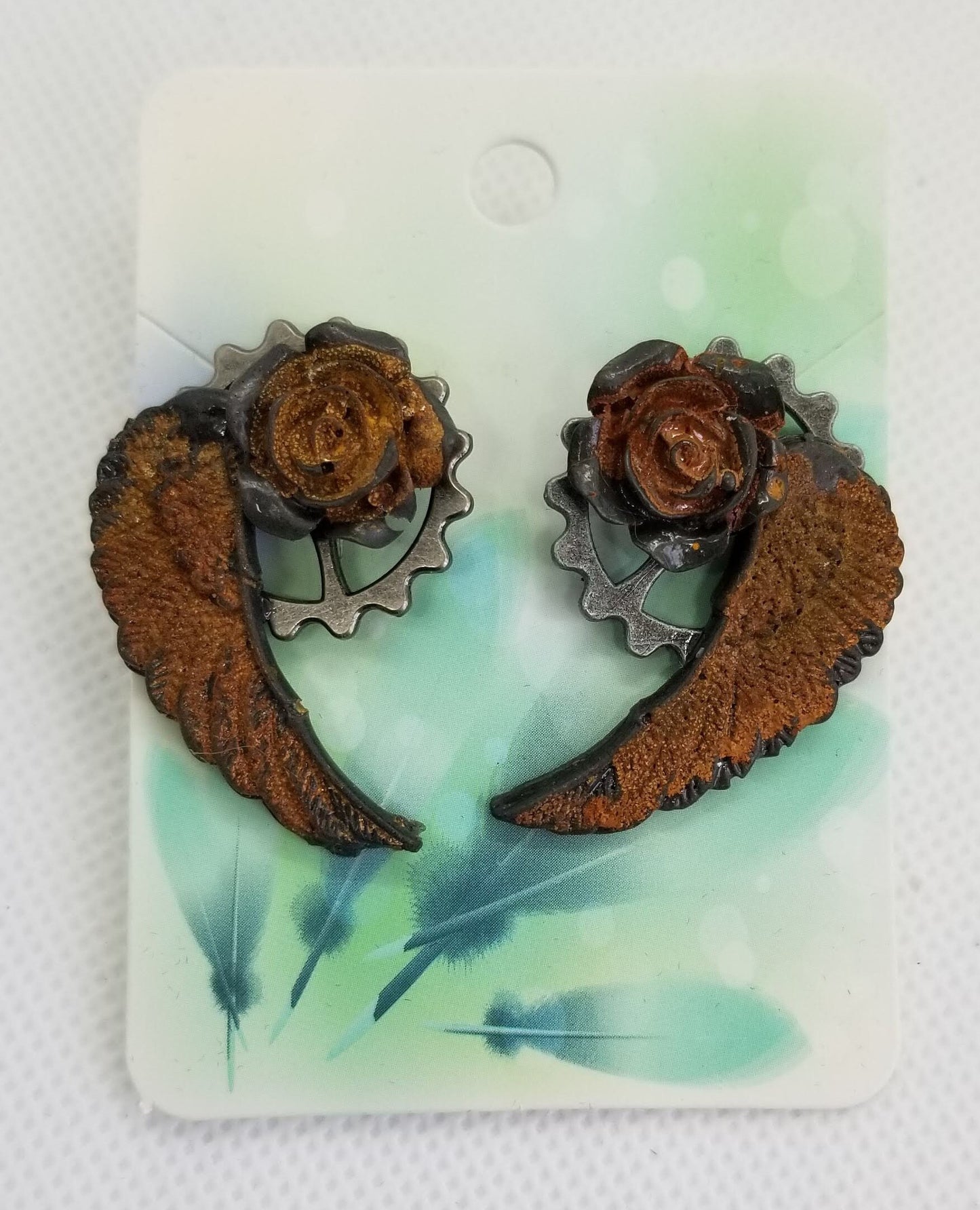 Rusty Rose, Gear and Wing Earrings