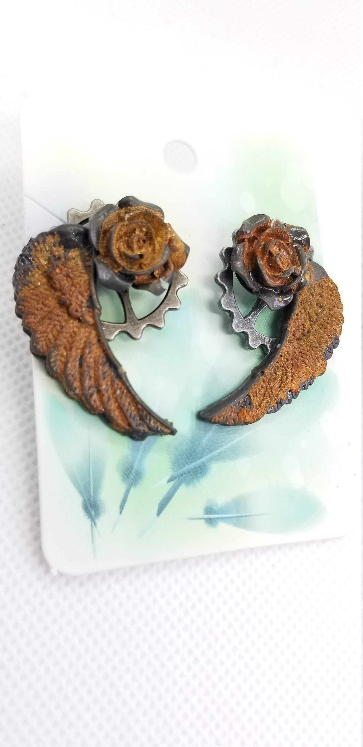 Rusty Rose, Gear and Wing Earrings