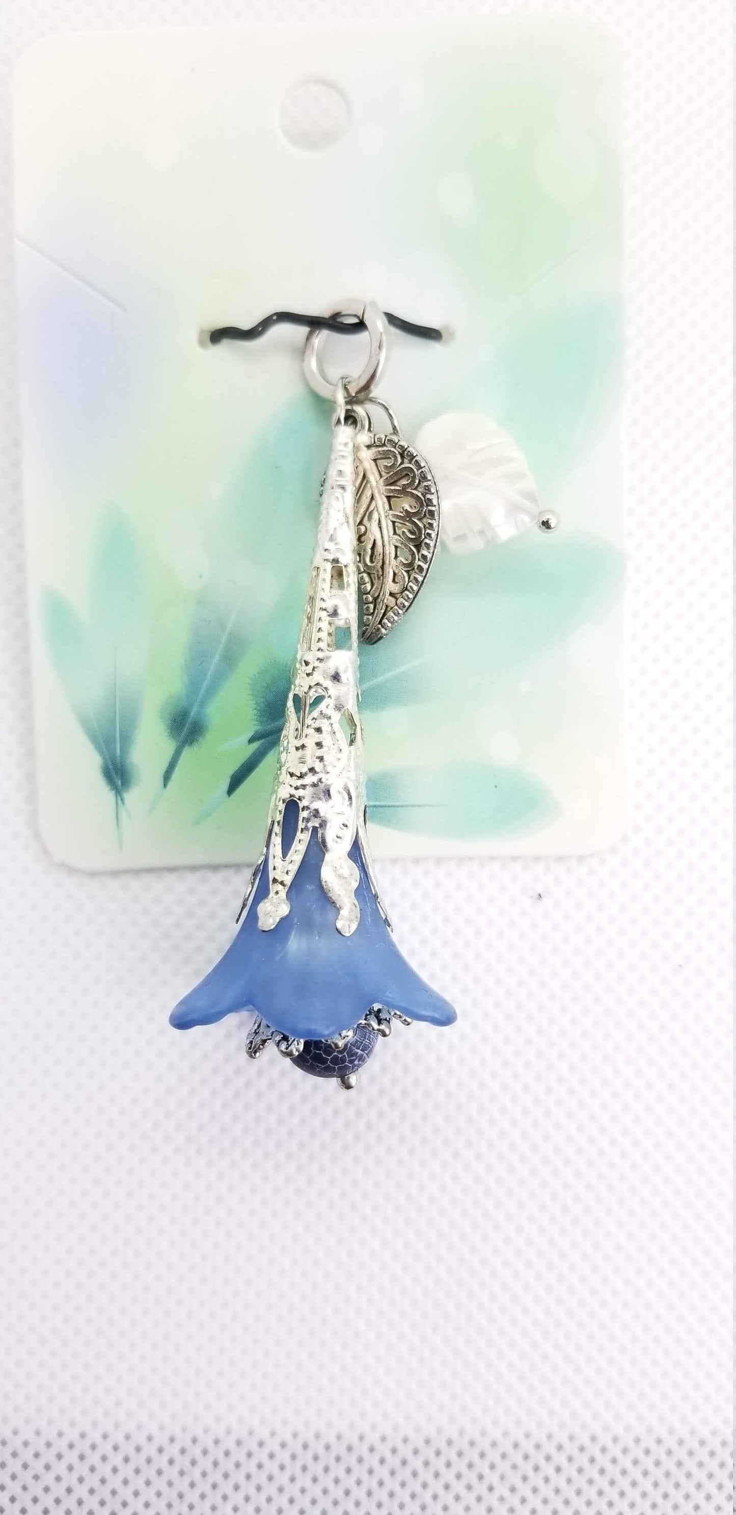 Bright Silver Blue Flower Pendant with Leaves