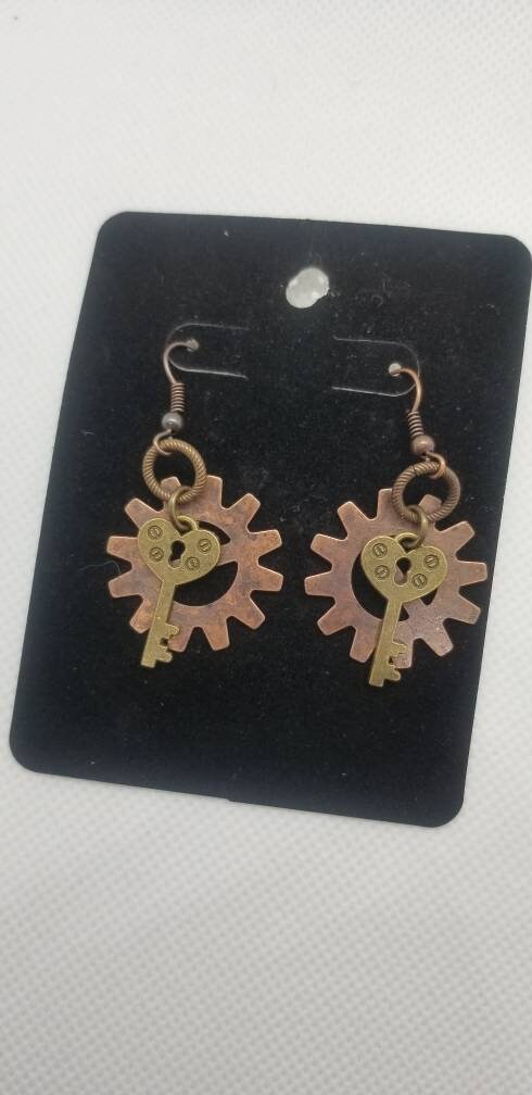 Heart Key and Gear Earrings